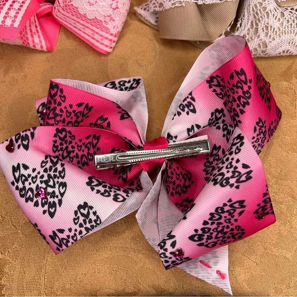 SET OF 3 PINK CHEER BOWS LACE COLORFUL LARGE HAIR ACCESSORIES